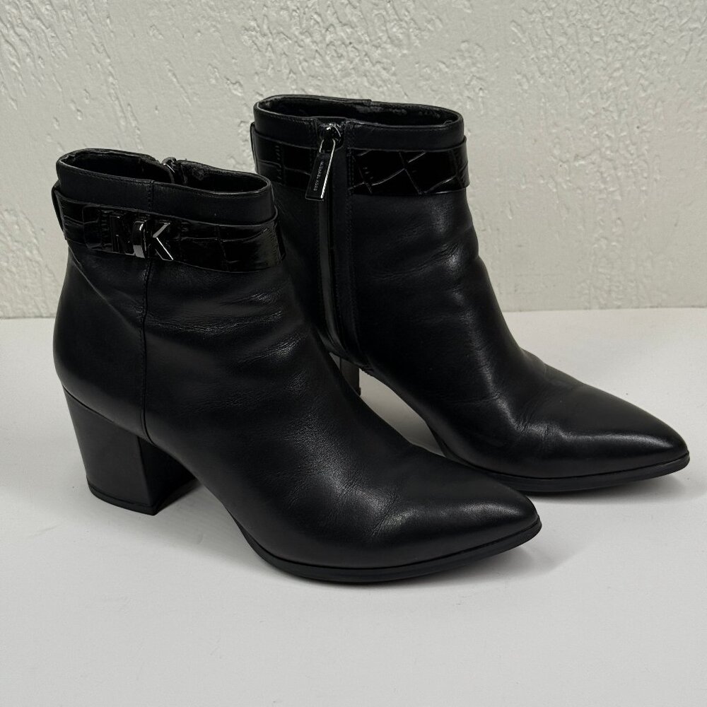 Michael Kors Julianna Ankle Boots Black Leather Block Heel Pointed Toe Size 8.5